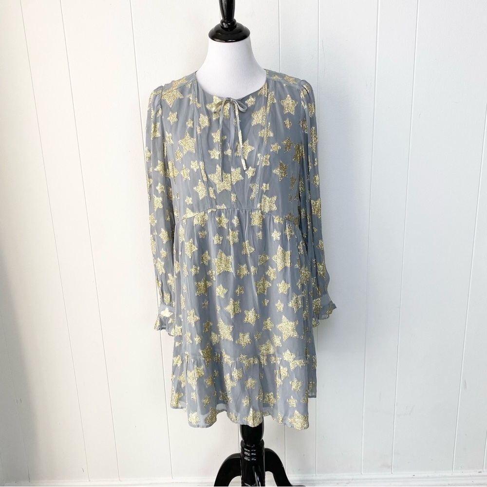 LOFT Dress Womens Medium Gray Gold Star Print Metallic Tiered Long Sleeve Lined - Picture 3 of 11